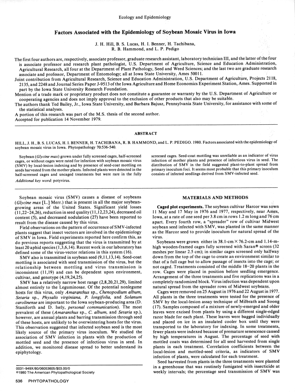 Factors Associated with the Epidemiology of Soybean Mosaic Virus in Iowa