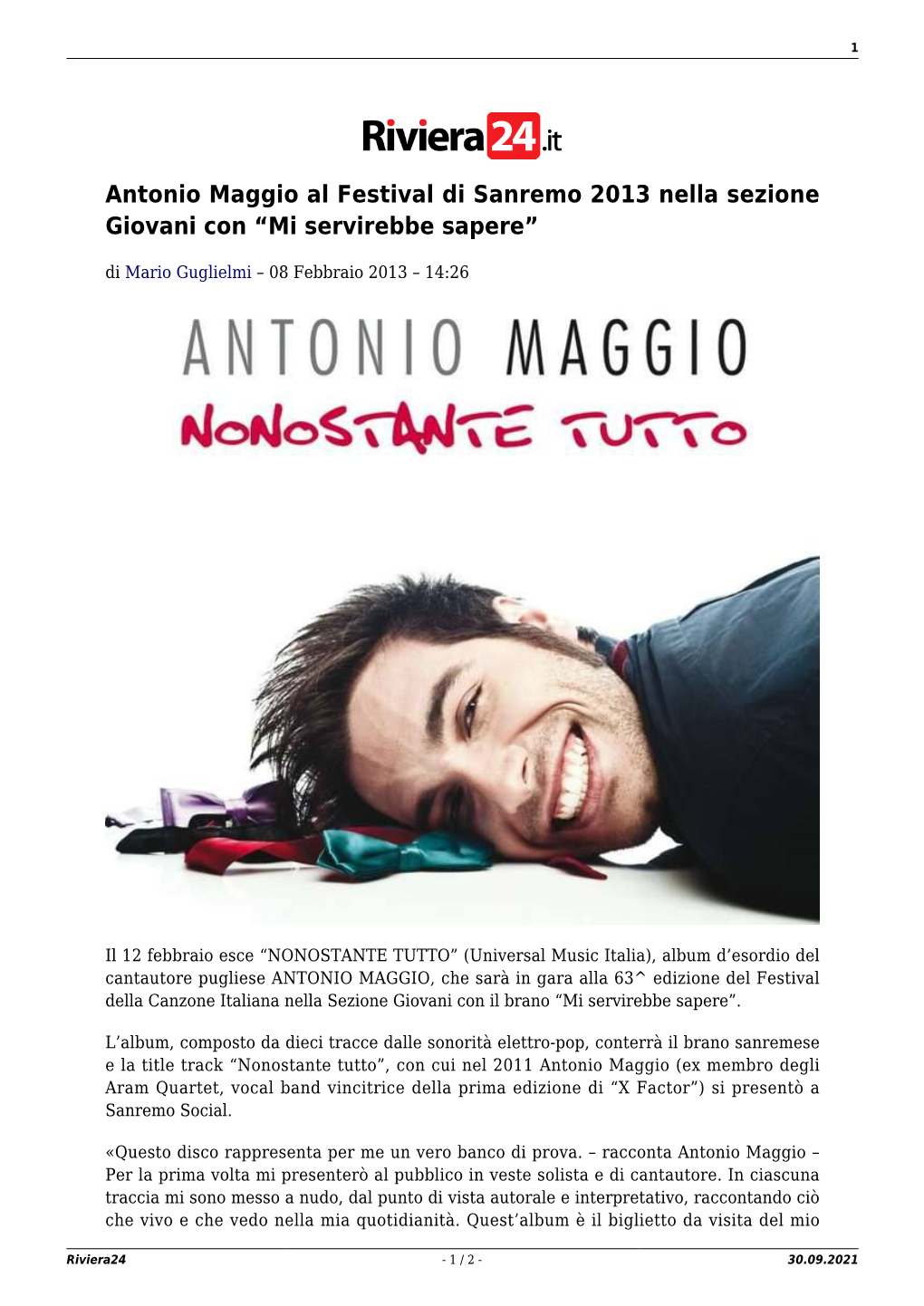Antonio Maggio Al Festival Di Sanremo 2013 Nella Sezione Giovani Con “Mi Servirebbe Sapere”