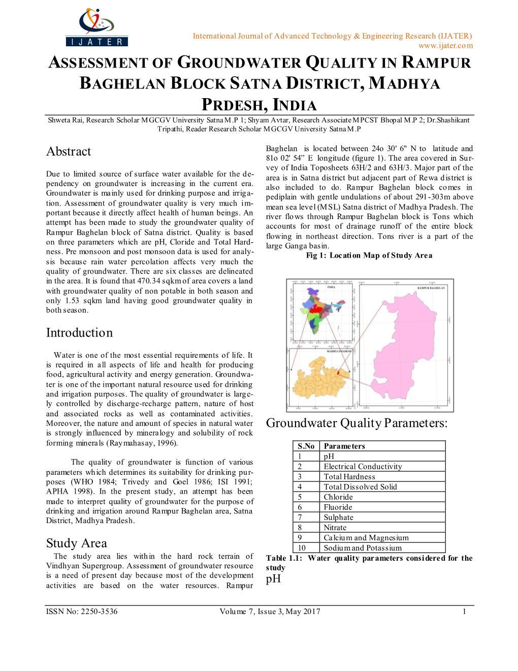 Assessment of Groundwater Quality in Rampur Baghelan