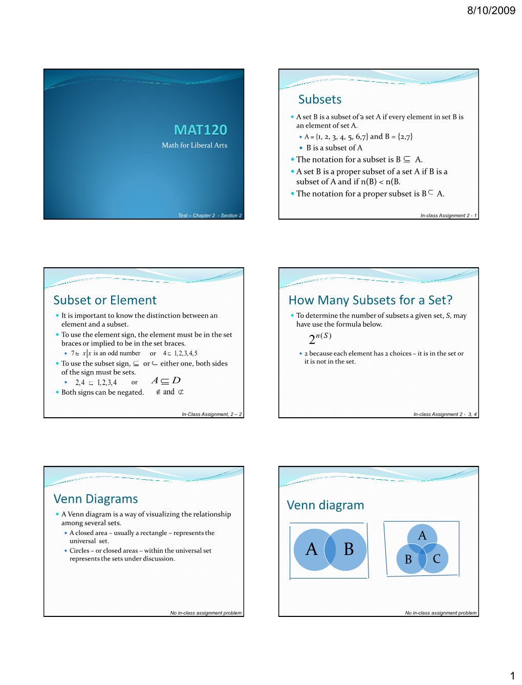 Subsets Subset Or Element How Many Subsets for a Set? Venn Diagrams