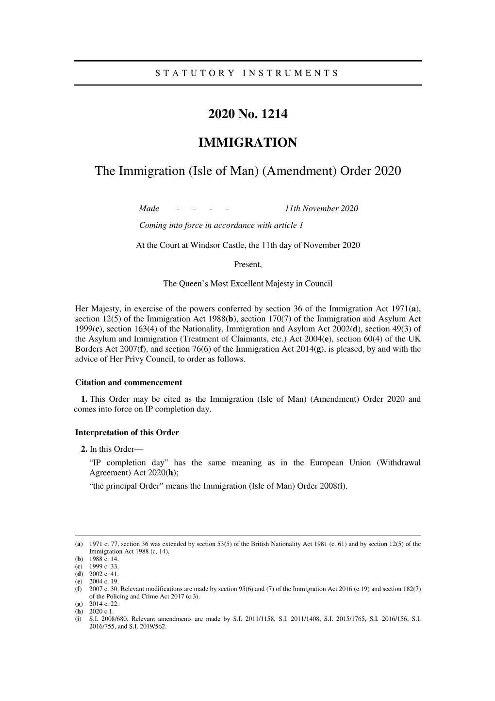 The Immigration (Isle of Man) (Amendment) Order 2020