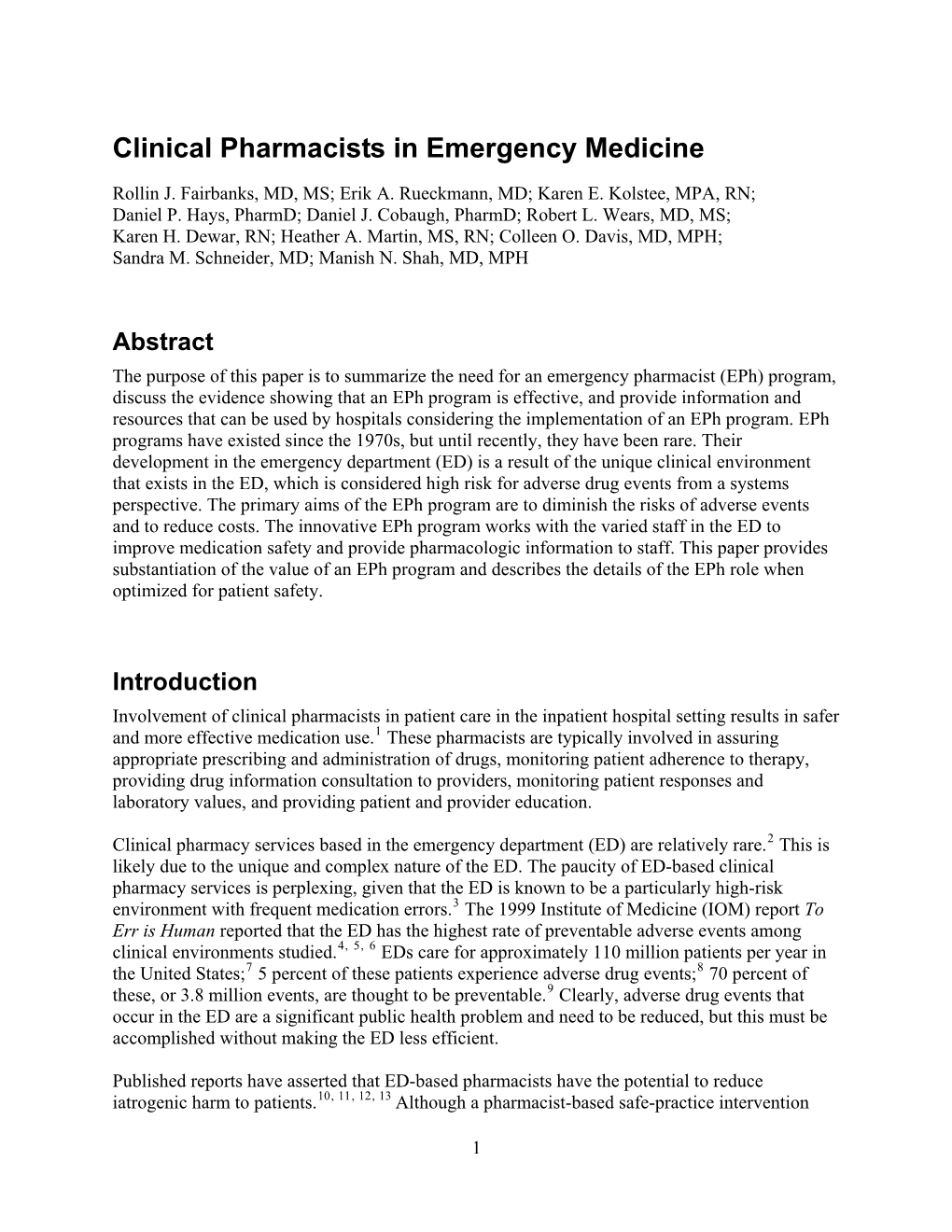 Clinical Pharmacists in Emergency Medicine