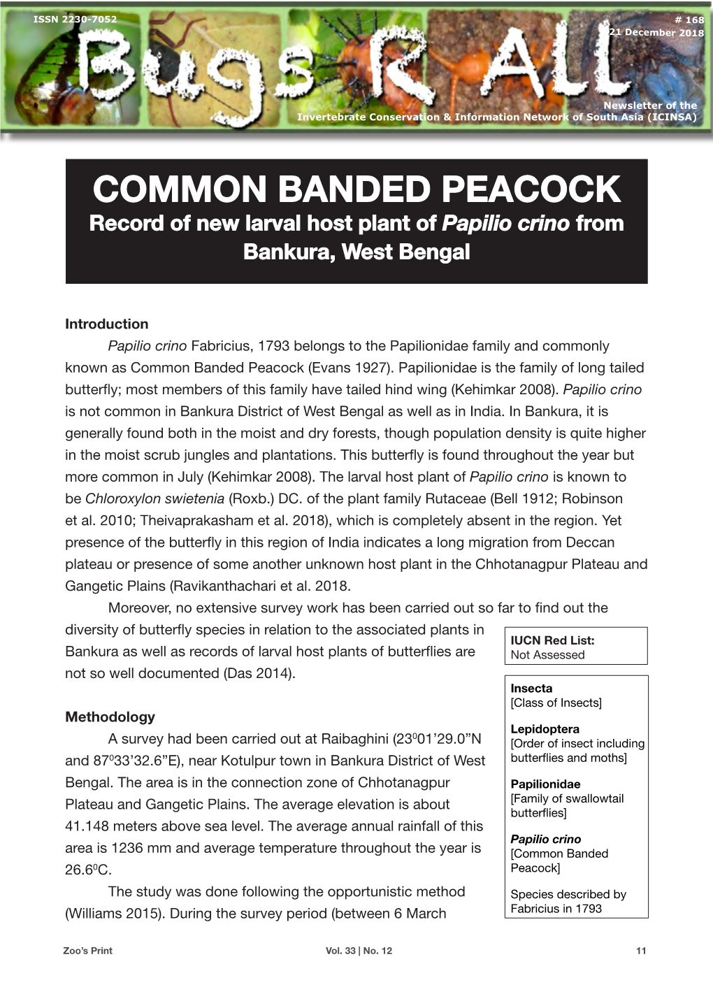 COMMON BANDED PEACOCK Record of New Larval Host Plant of Papilio Crino from Bankura, West Bengal