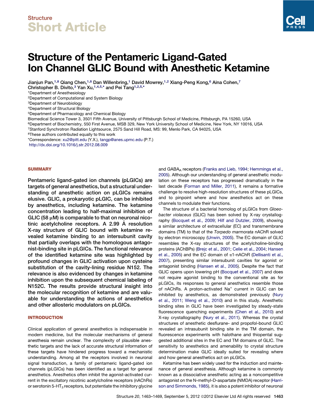 Structure of the Pentameric Ligand-Gated Ion Channel GLIC Bound with Anesthetic Ketamine