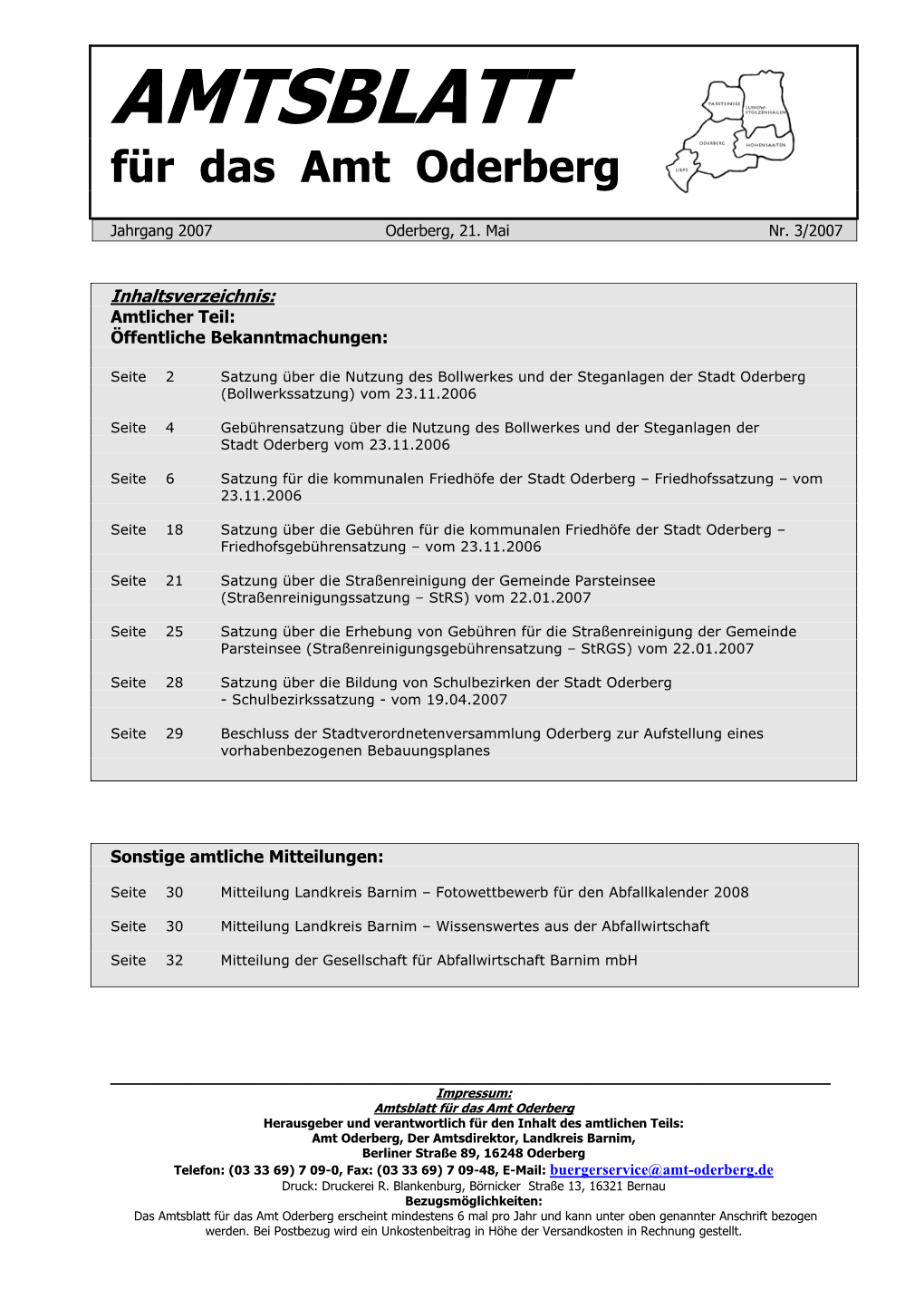 AMTSBLATT Für Das Amt Oderberg