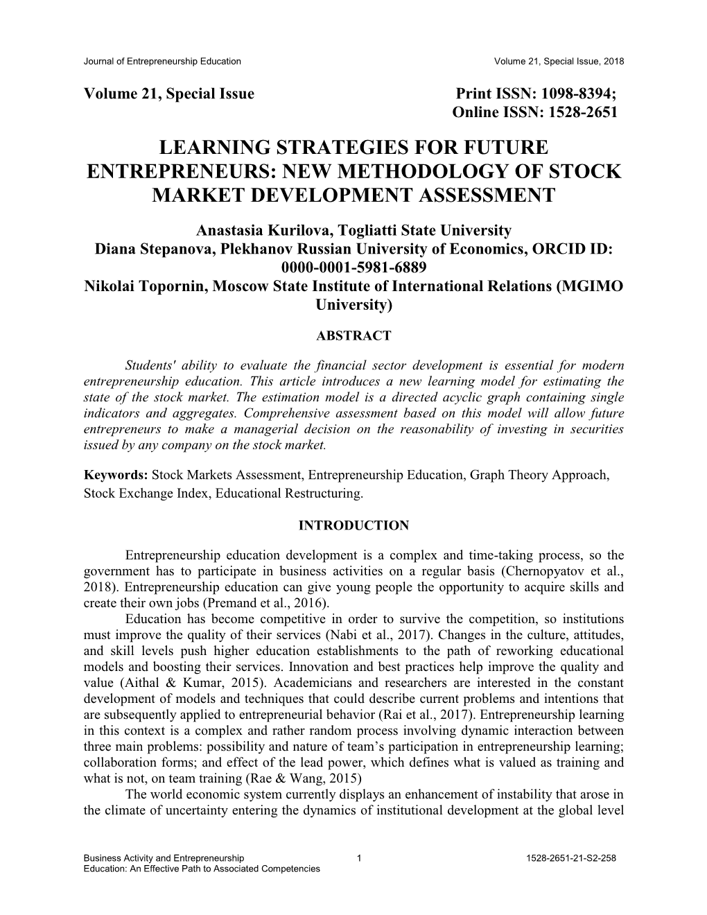 Learning Strategies for Future Entrepreneurs: New Methodology of Stock Market Development Assessment