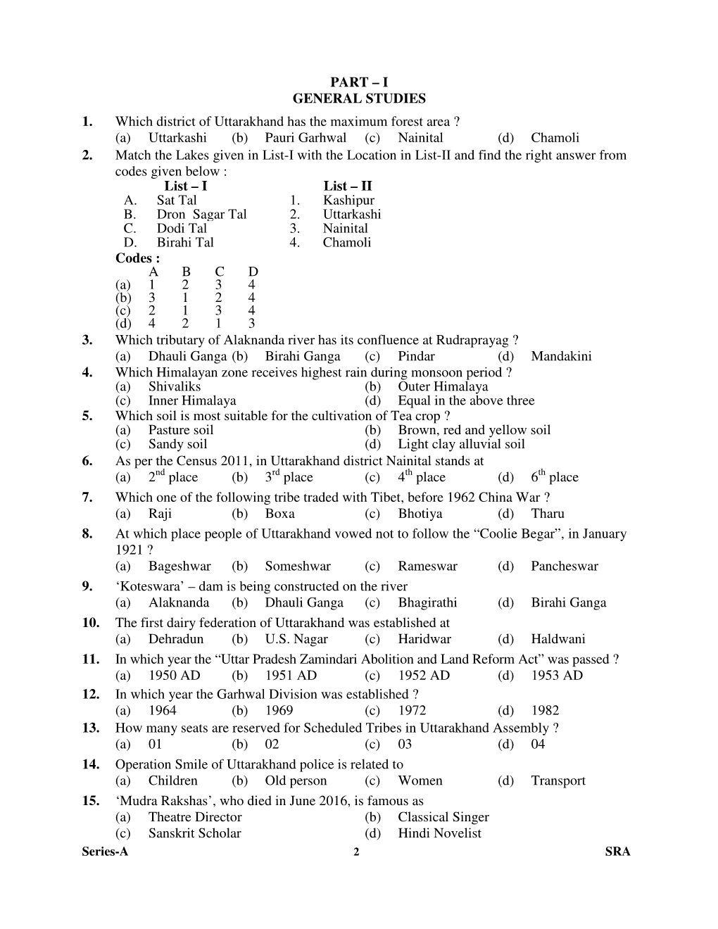 I GENERAL STUDIES 1. Which District of Uttarakhand Has the Maximum