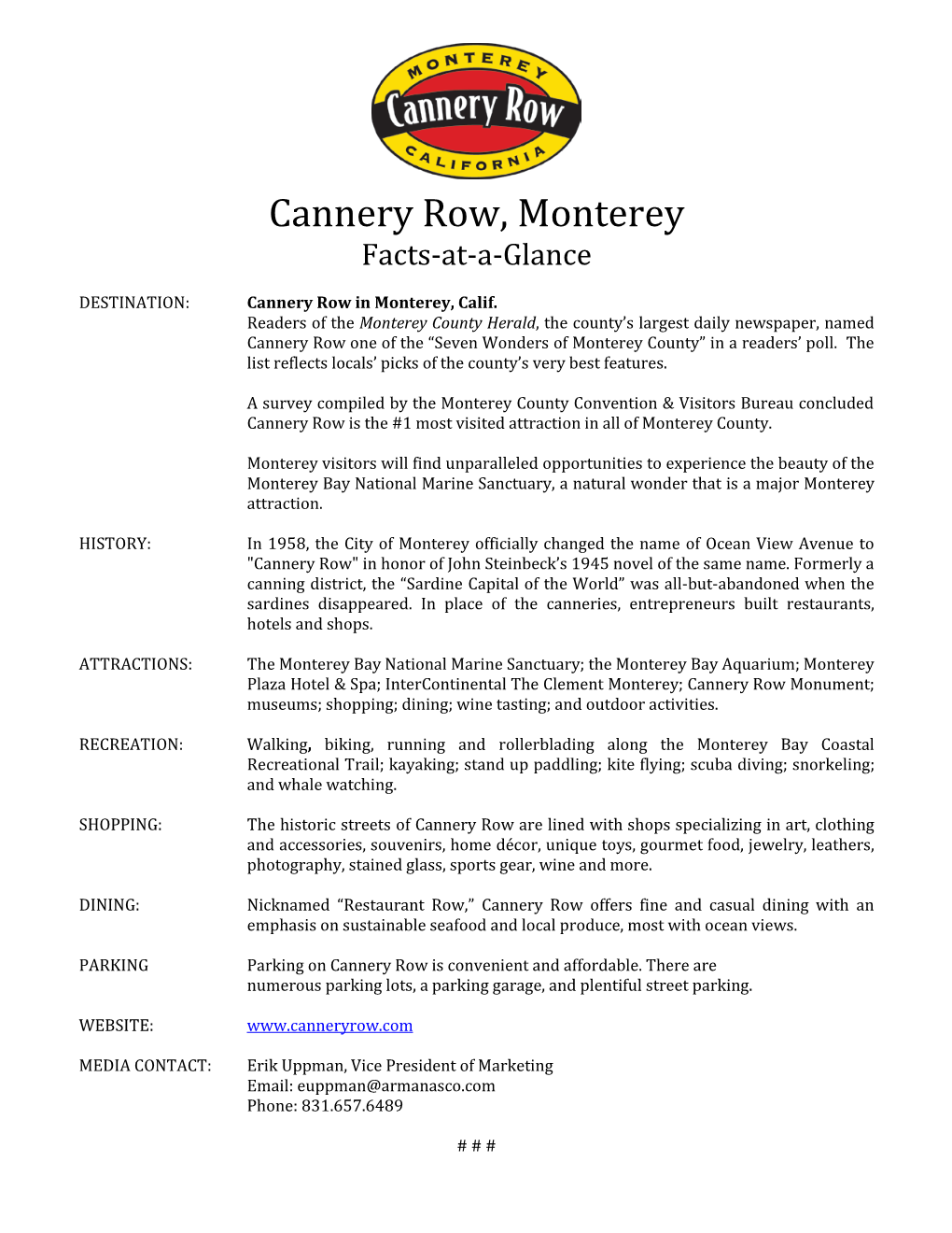 Cannery Row, Monterey Facts-At-A-Glance