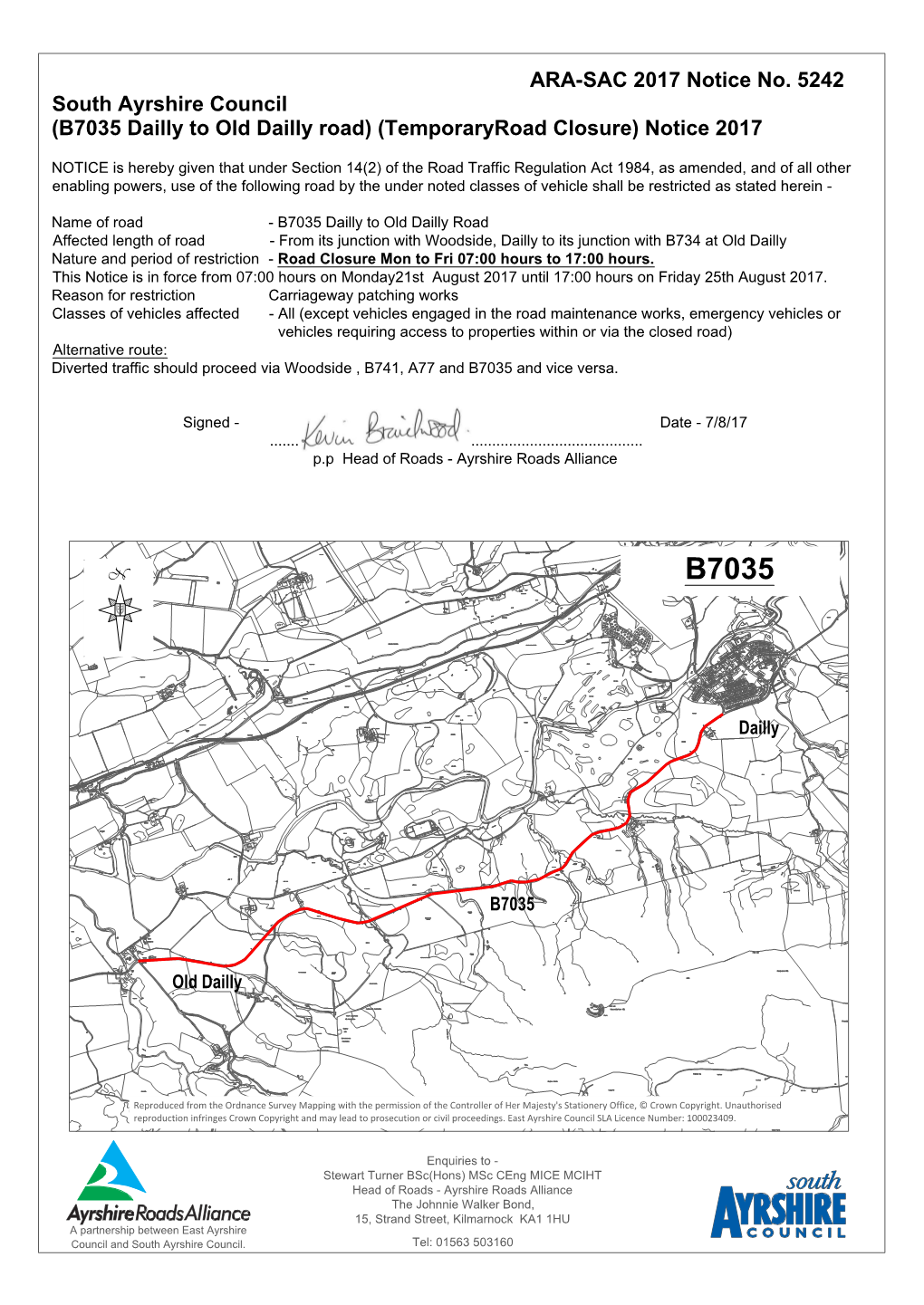 ARA-SAC 2017 Notice No. 5242 South Ayrshire Council (B7035 Dailly to Old Dailly Road) (Temporaryroad Closure) Notice 2017