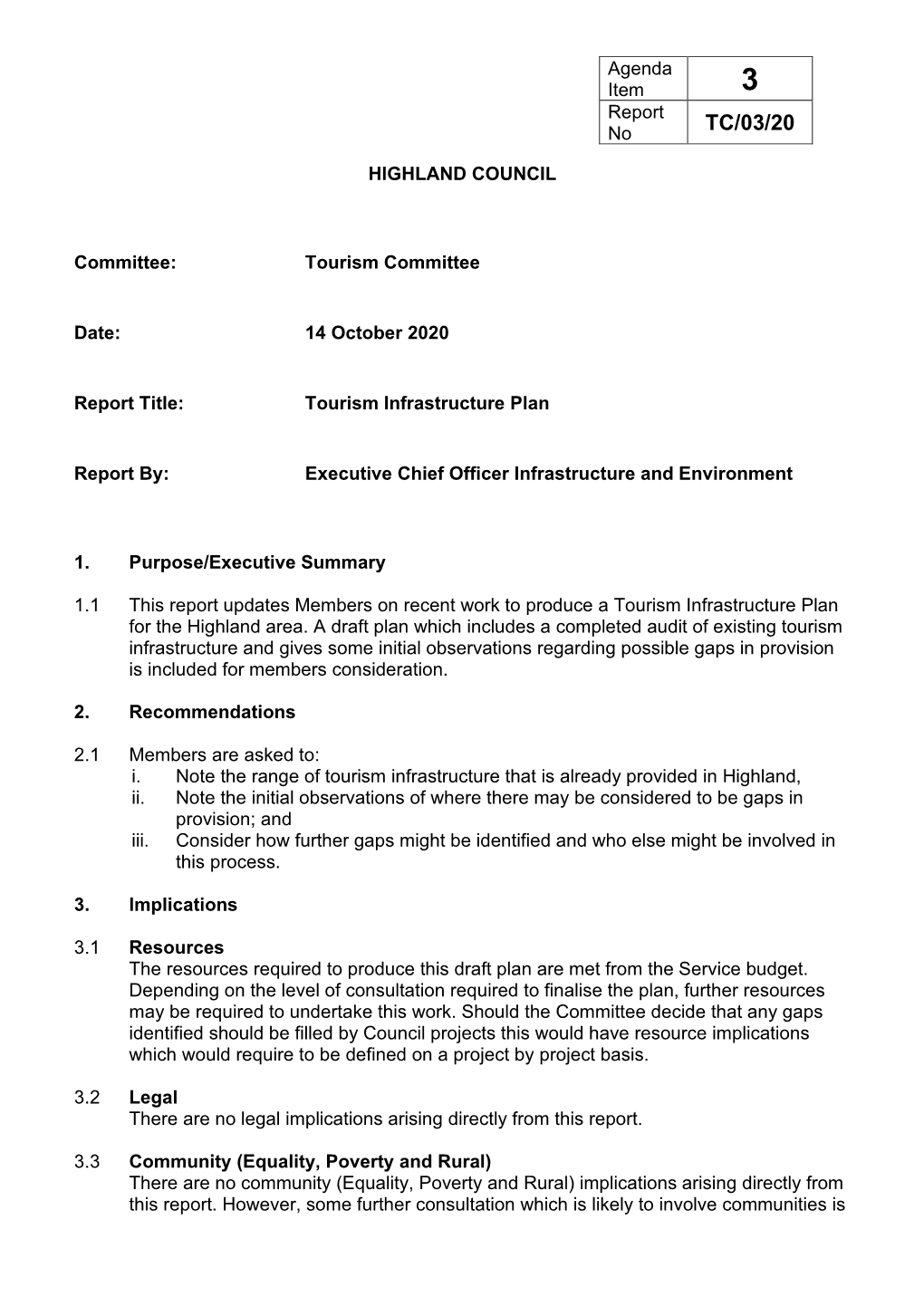 Item 3 Tourism Infrastructure Plan