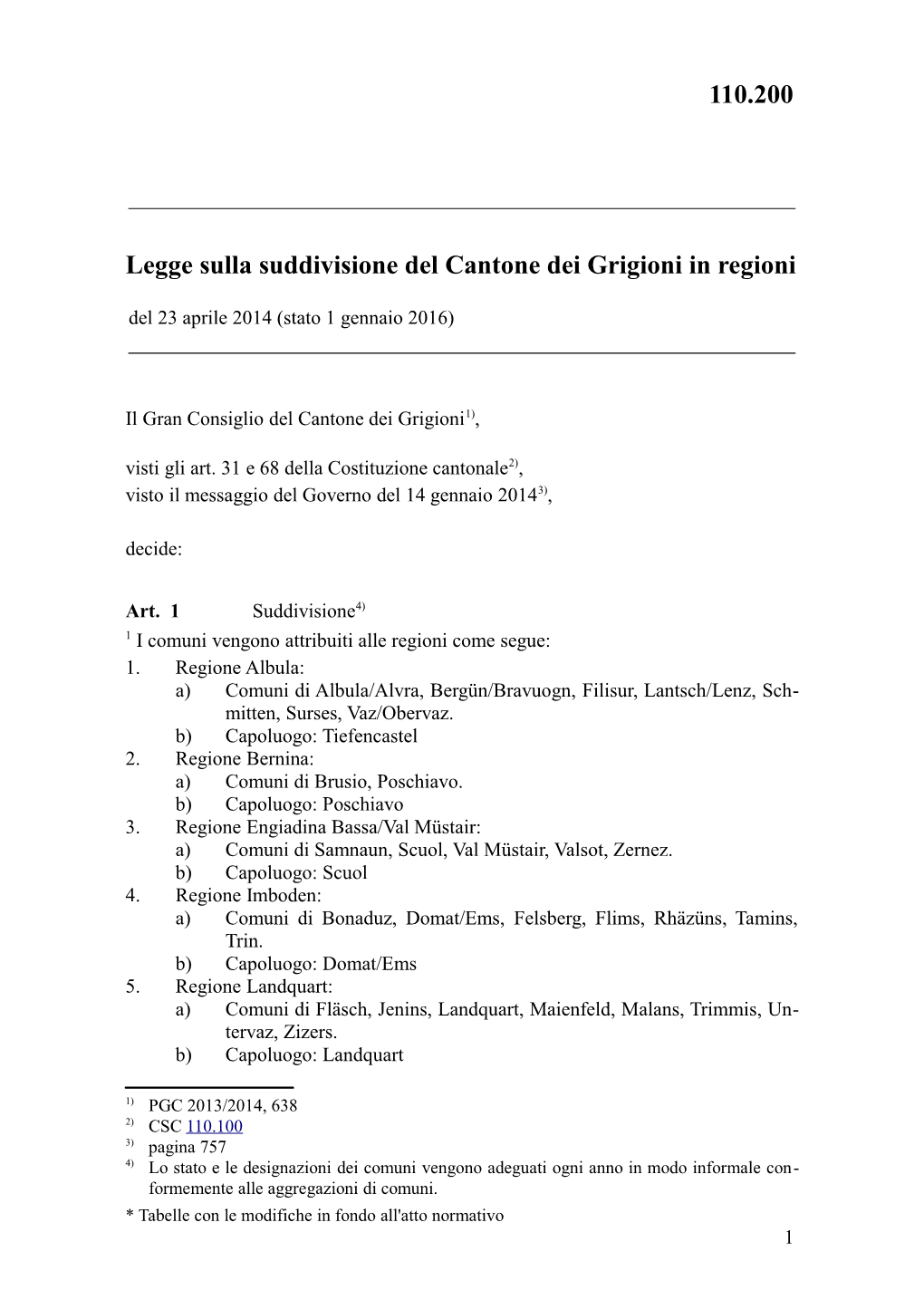 Legge Sulla Suddivisione Del Cantone Dei Grigioni in Regioni Del 23 Aprile 2014 (Stato 1 Gennaio 2016)