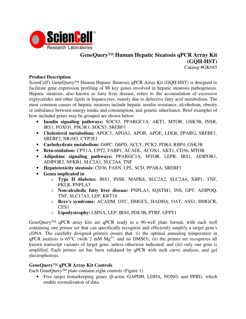 Genequery™ Human Hepatic Steatosis Qpcr Array Kit (GQH-HST)