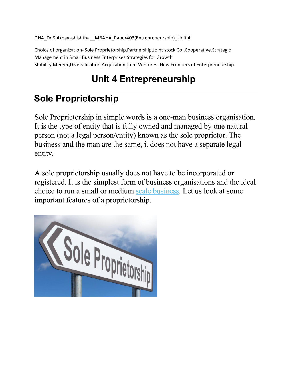 Unit 4 Entrepreneurship Sole Proprietorship