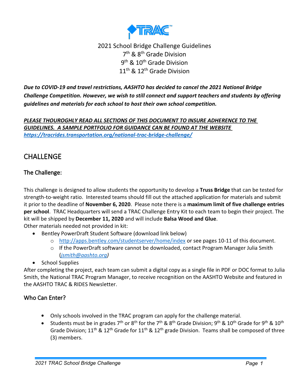 TRAC Drawbridge Competition Guidelines