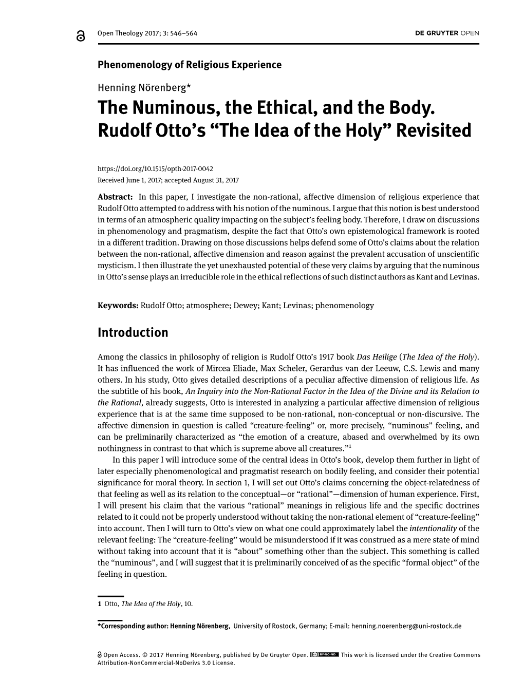 The Numinous, the Ethical, and the Body. Rudolf Otto's