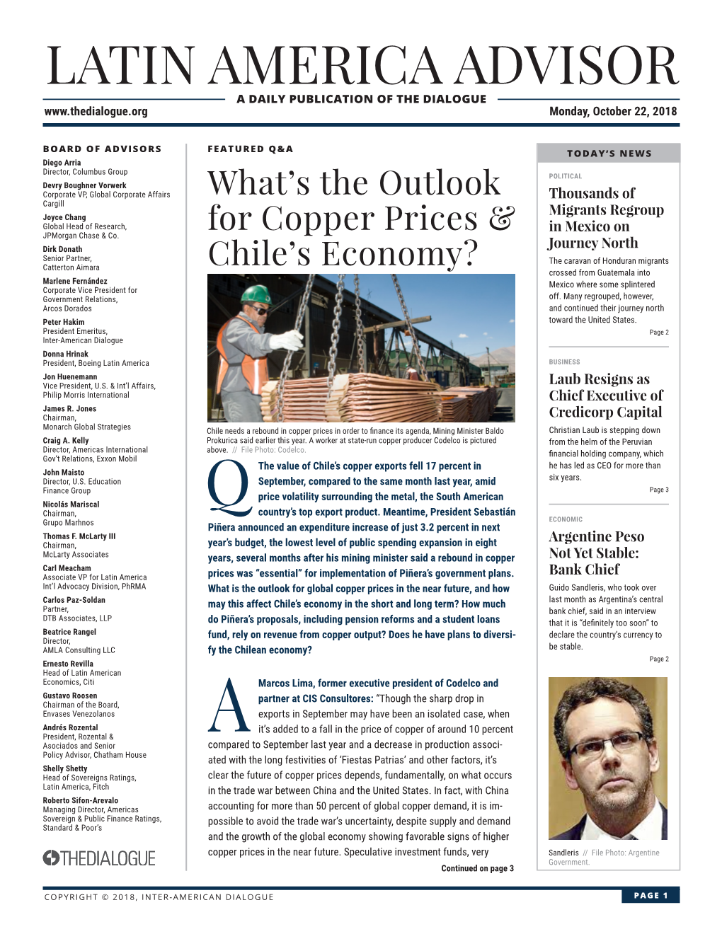 LATIN AMERICA ADVISOR a DAILY PUBLICATION of the DIALOGUE Monday, October 22, 2018