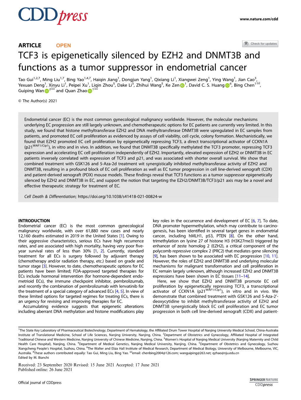 TCF3 Is Epigenetically Silenced by EZH2 and DNMT3B and Functions As a Tumor Suppressor in Endometrial Cancer
