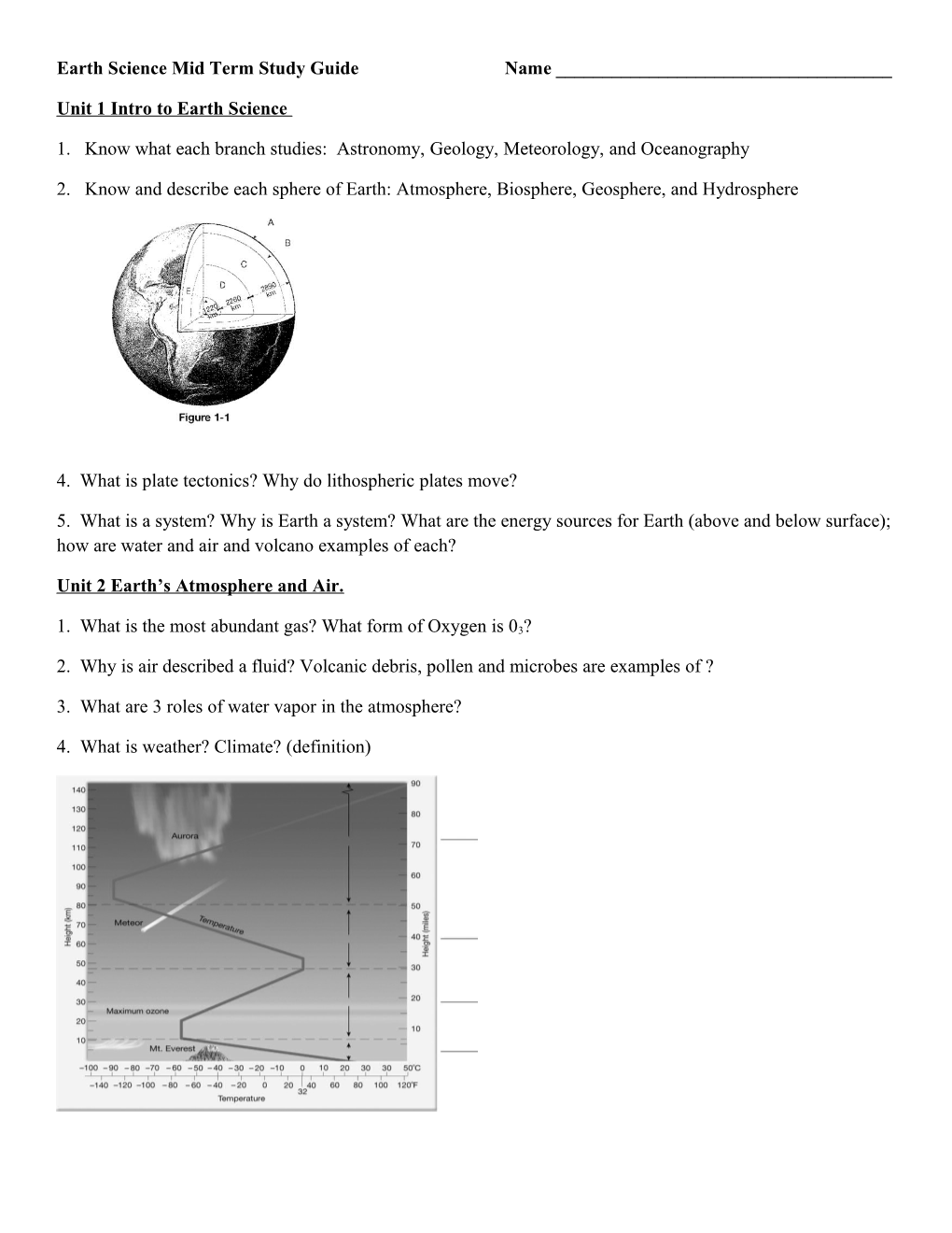 Earth Science Mid Term Study Guide Name ______