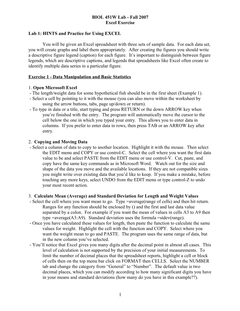 Lab 1: HINTS And Practice For Using EXCEL