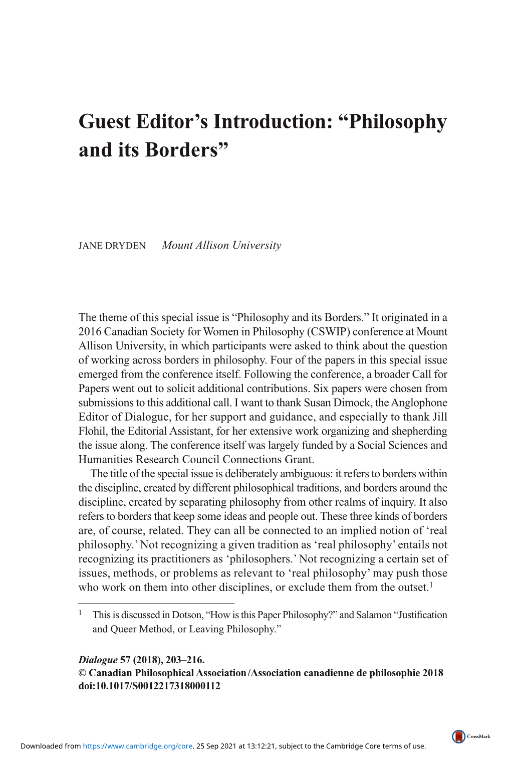 Guest Editor's Introduction: “Philosophy and Its Borders”