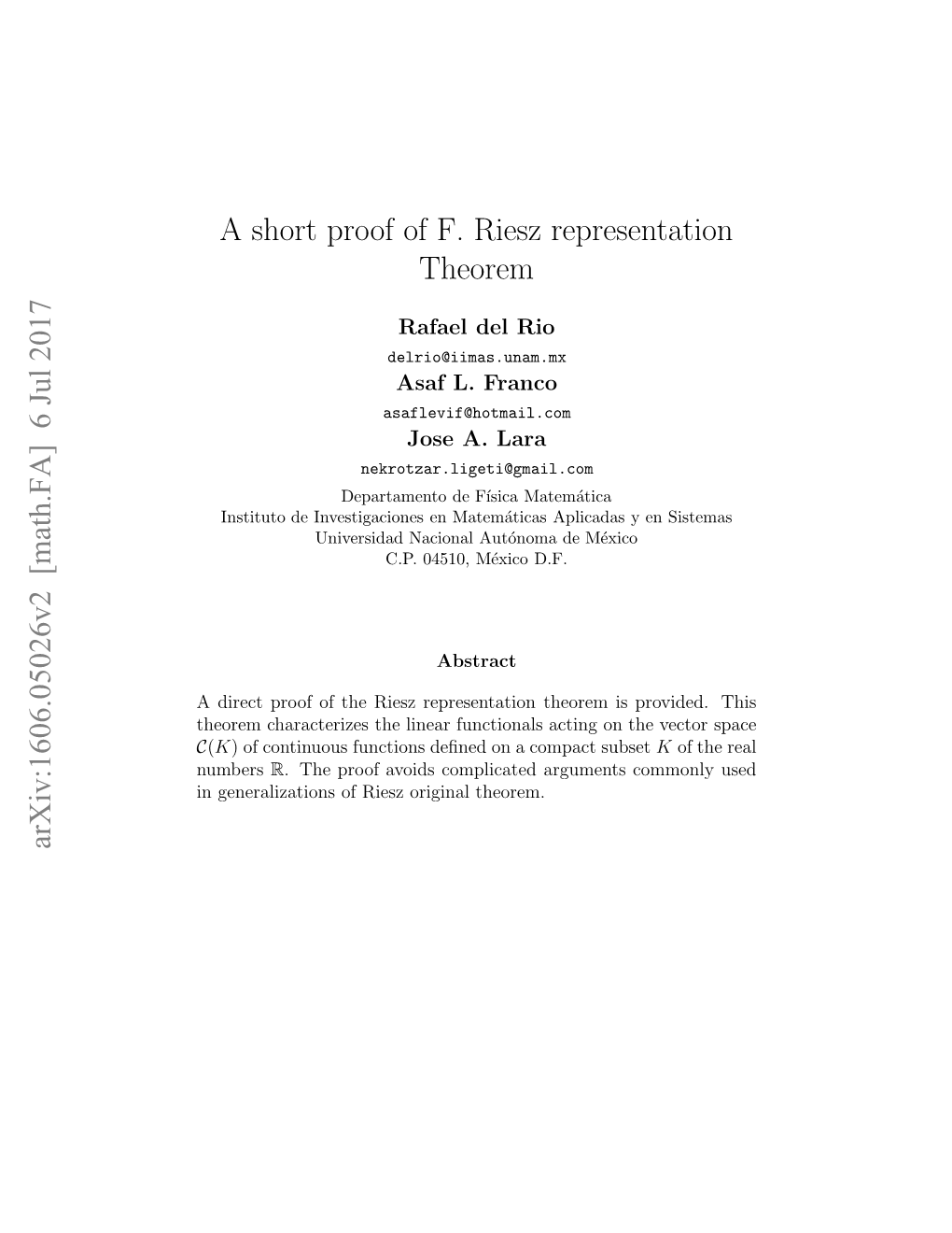 A Short Proof of F. Riesz Representation Theorem