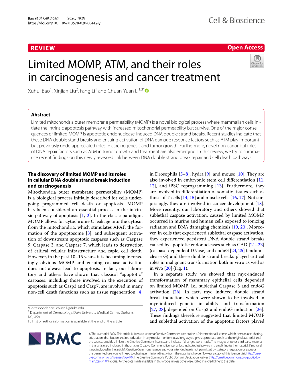 Limited MOMP, ATM, and Their Roles in Carcinogenesis and Cancer Treatment Xuhui Bao1, Xinjian Liu2, Fang Li1 and Chuan‑Yuan Li1,3*