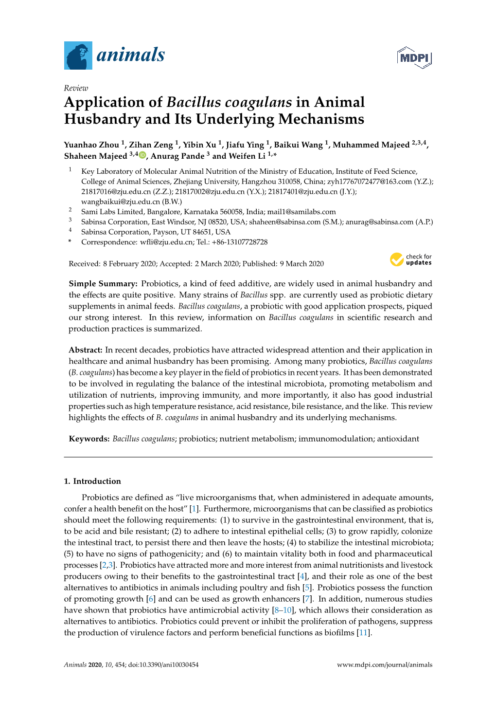 Application of Bacillus Coagulans in Animal Husbandry and Its Underlying Mechanisms