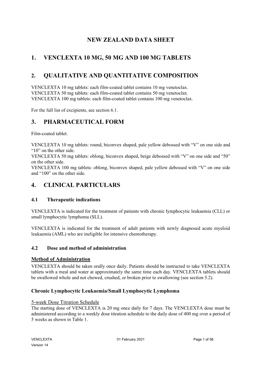 New Zealand Data Sheet 1. Venclexta 10 Mg, 50 Mg and 100 Mg Tablets