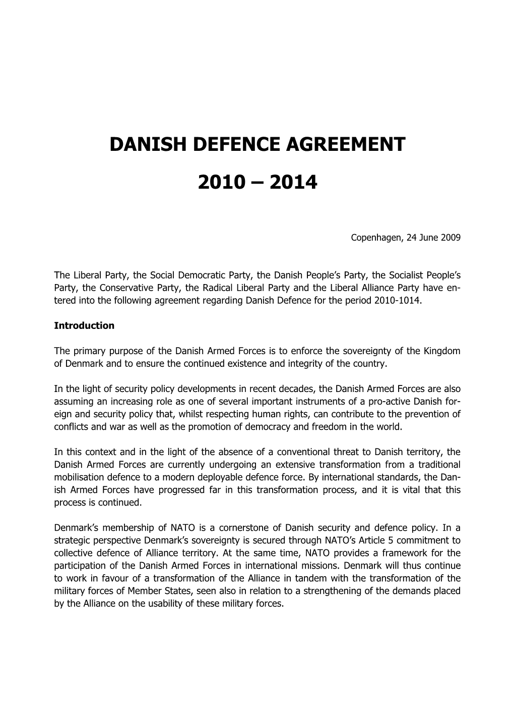 Denmark: Defence Agreement 2010