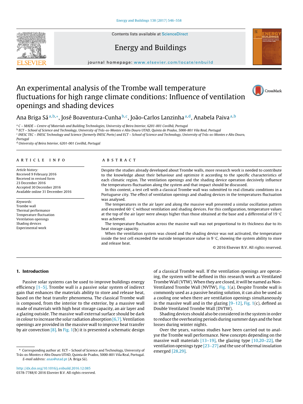 An Experimental Analysis of the Trombe Wall Temperature