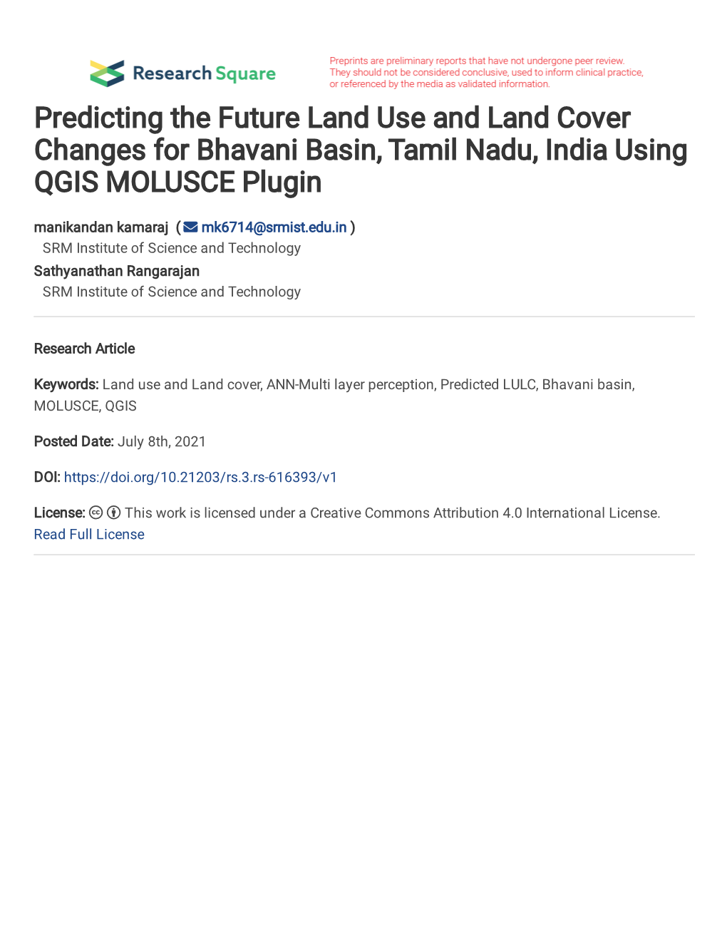 Predicting the Future Land Use and Land Cover Changes for Bhavani