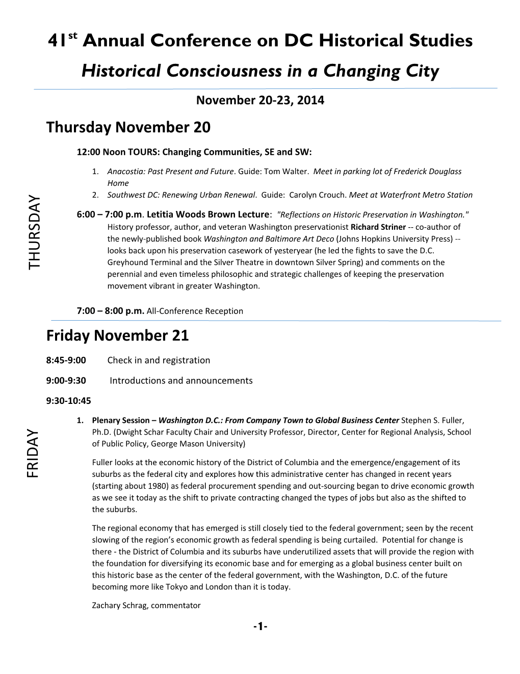 41St Annual Conference on DC Historical Studies Historical Consciousness in a Changing City November 20-23, 2014 Thursday November 20