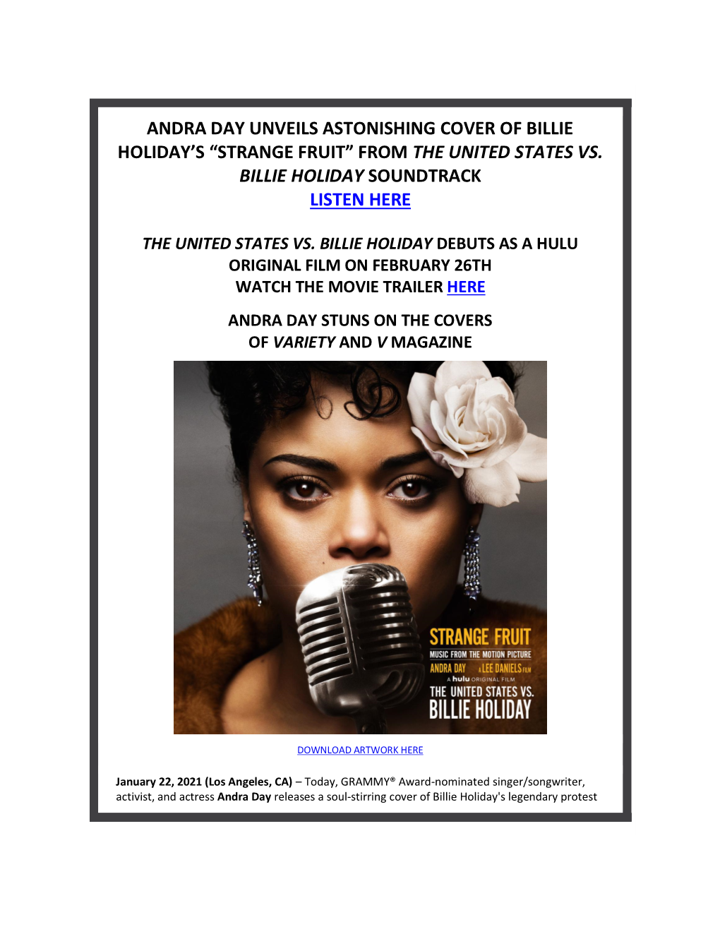 Andra Day Unveils Astonishing Cover of Billie Holiday's “Strange Fruit” from the United States Vs. Billie Holiday Soundtra