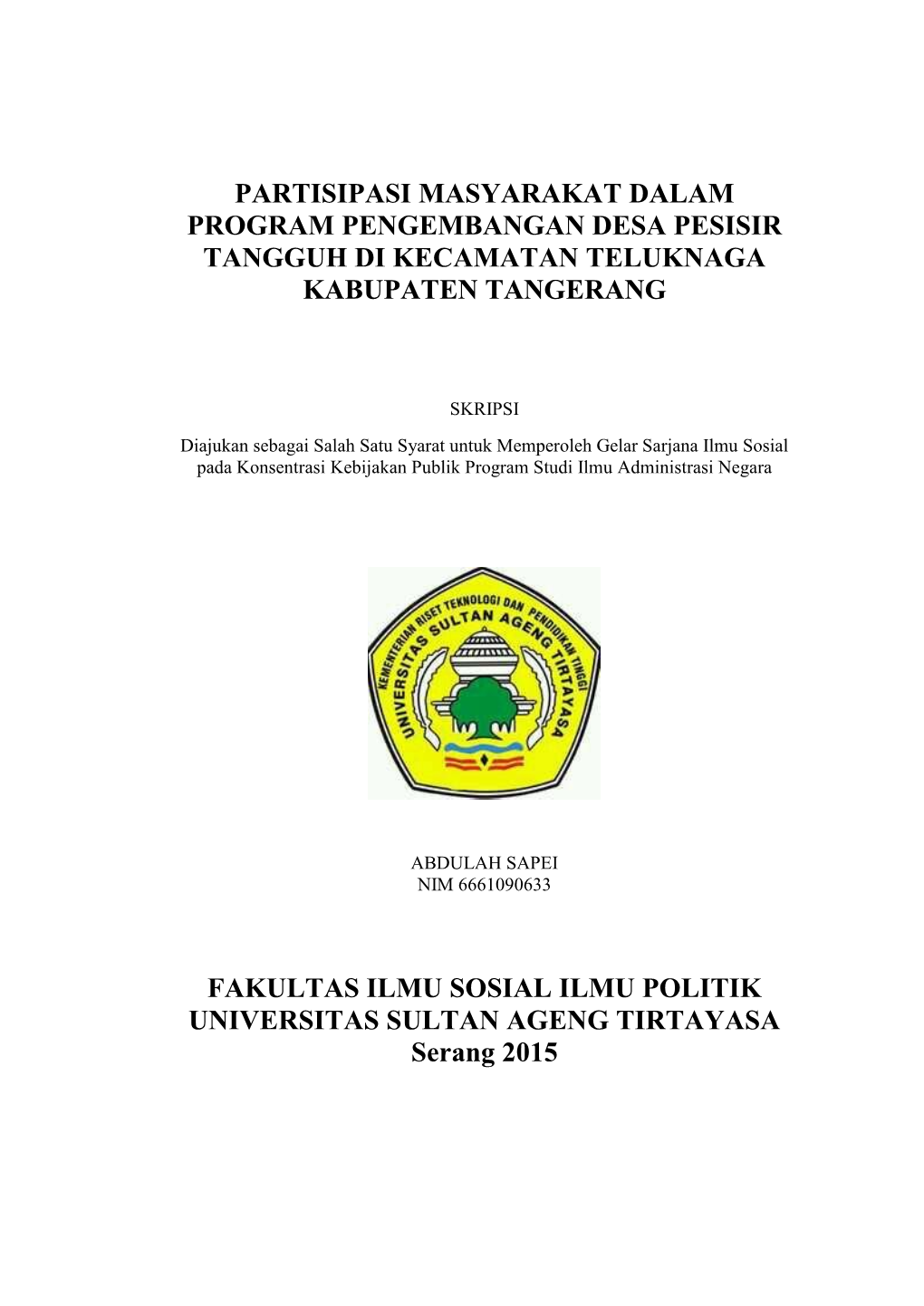 Partisipasi Masyarakat Dalam Program Pengembangan Desa Pesisir Tangguh Di Kecamatan Teluknaga Kabupaten Tangerang Fakultas Ilmu