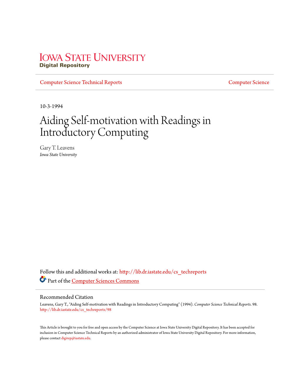 Aiding Self-Motivation with Readings in Introductory Computing Gary T