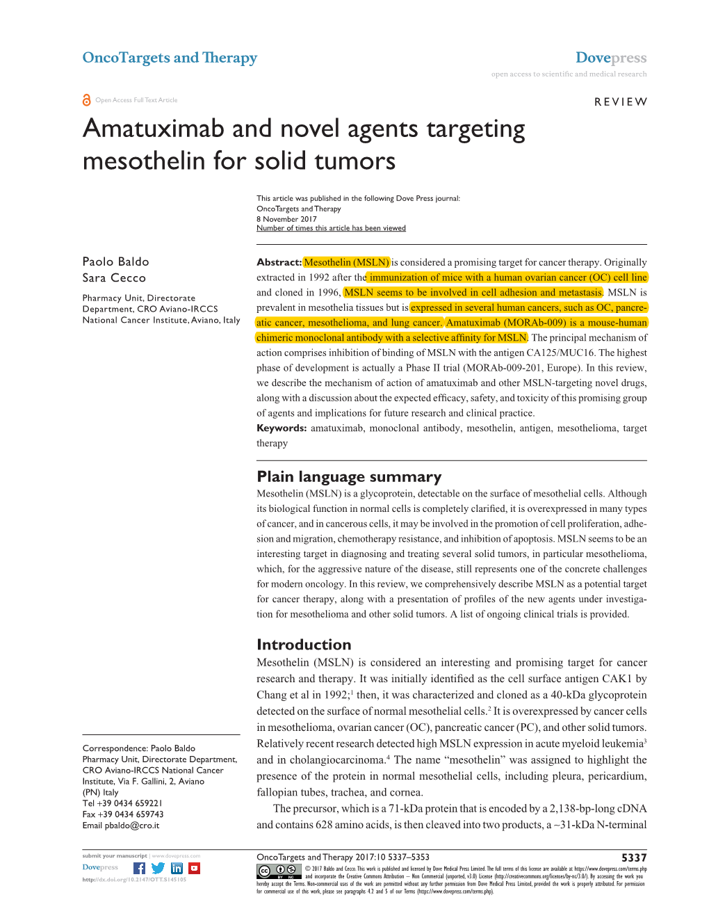 Amatuximab and Novel Agents Targeting Mesothelin for Solid Tumors