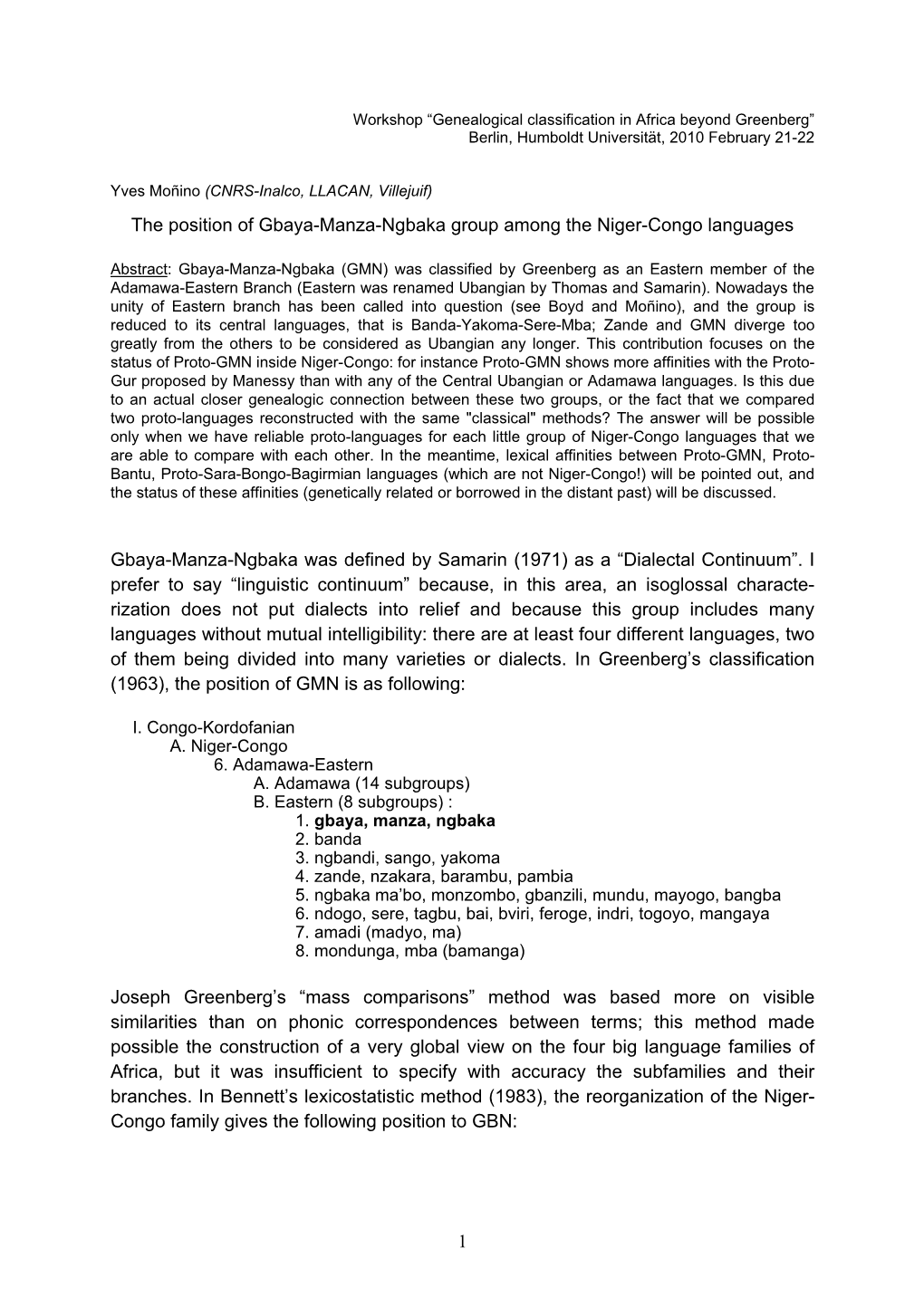 The Position of Gbaya-Manza-Ngbaka Group Among the Niger-Congo Languages