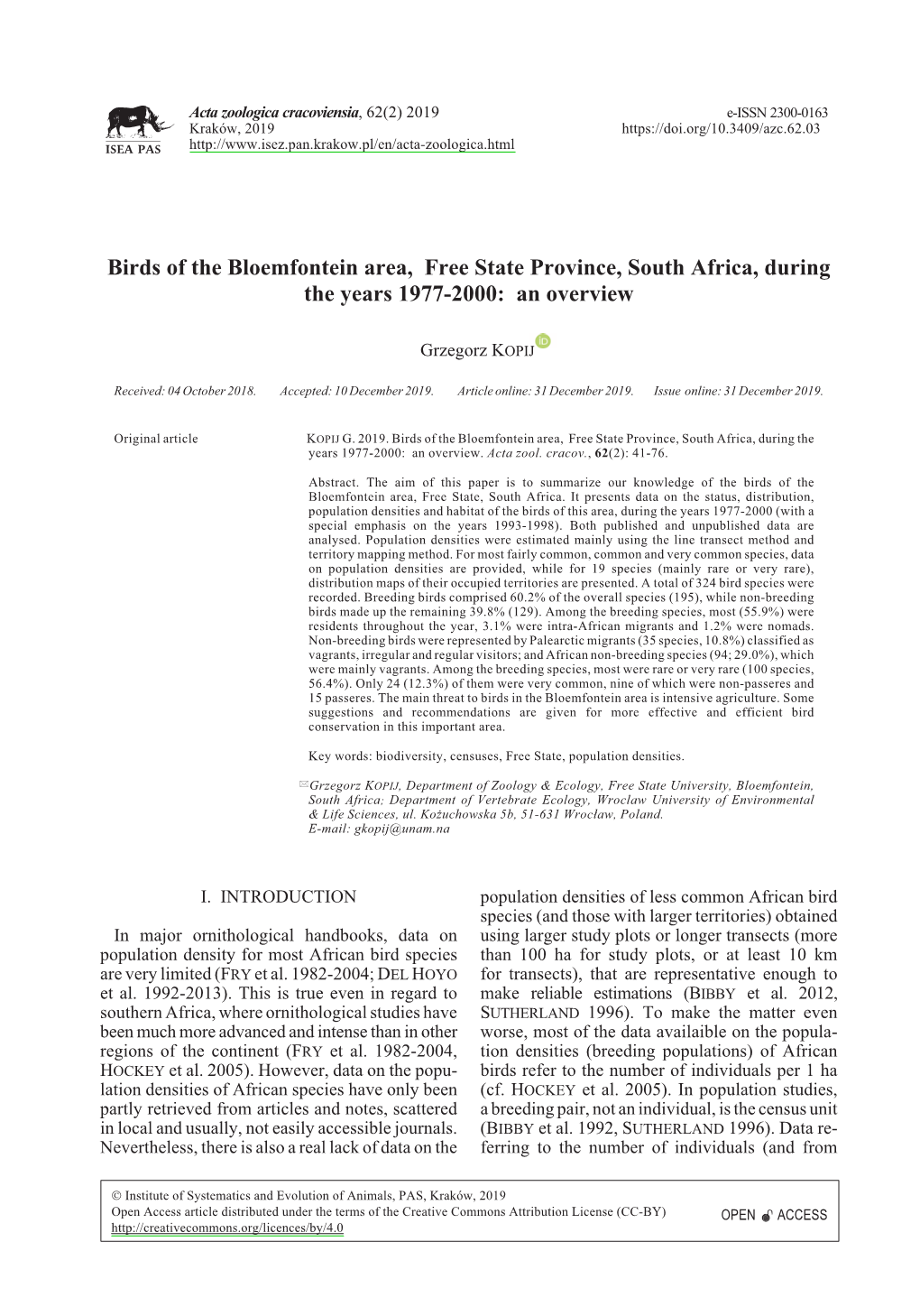 Birds of the Bloemfontein Area, Free State Province, South Africa, During the Years 1977-2000: an Overview