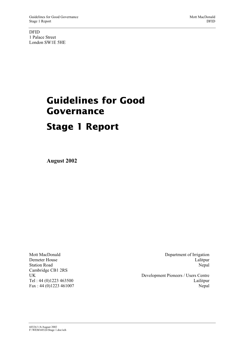 Guidelines for Good Governance Stage 1 Report
