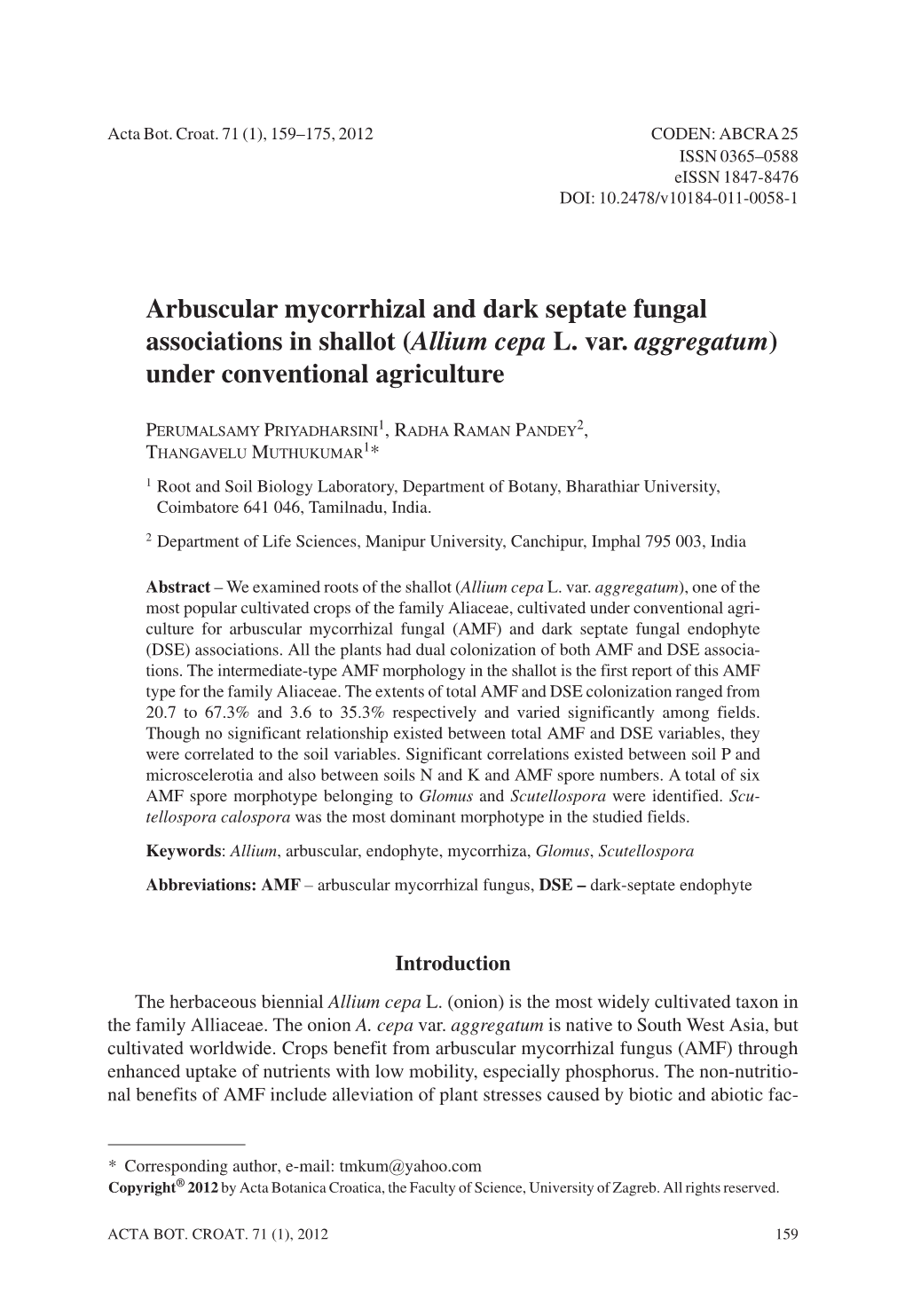 Arbuscular Mycorrhizal and Dark Septate Fungal Associations in Shallot (Allium Cepa L