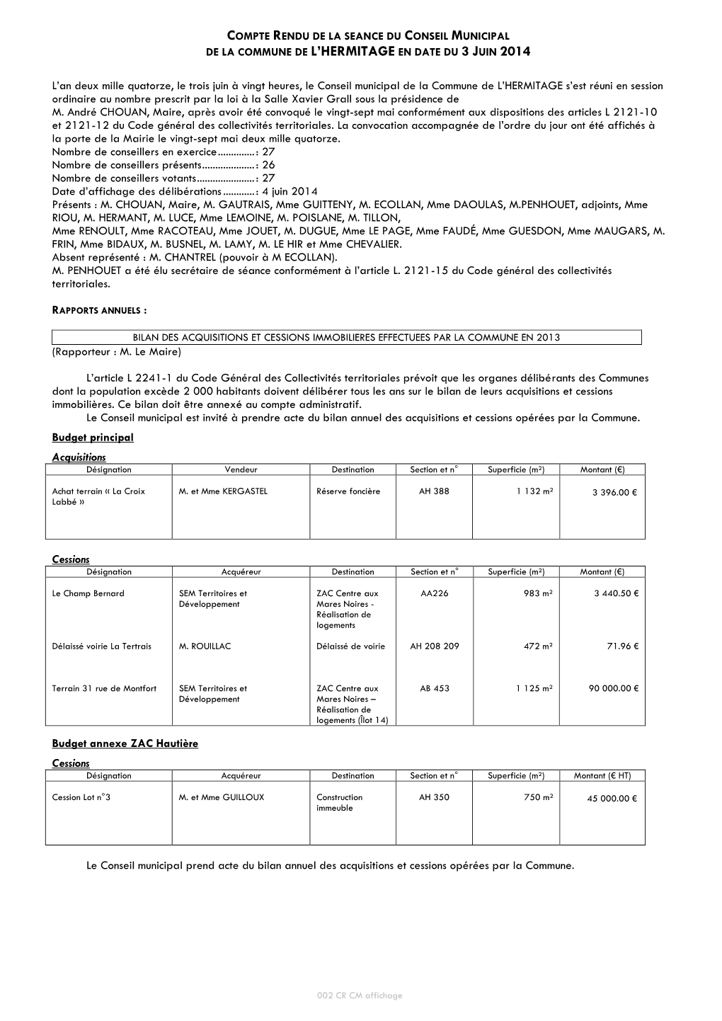 Extrait Du Registre Des Deliberations Du Conseil Municipal De L'hermitage