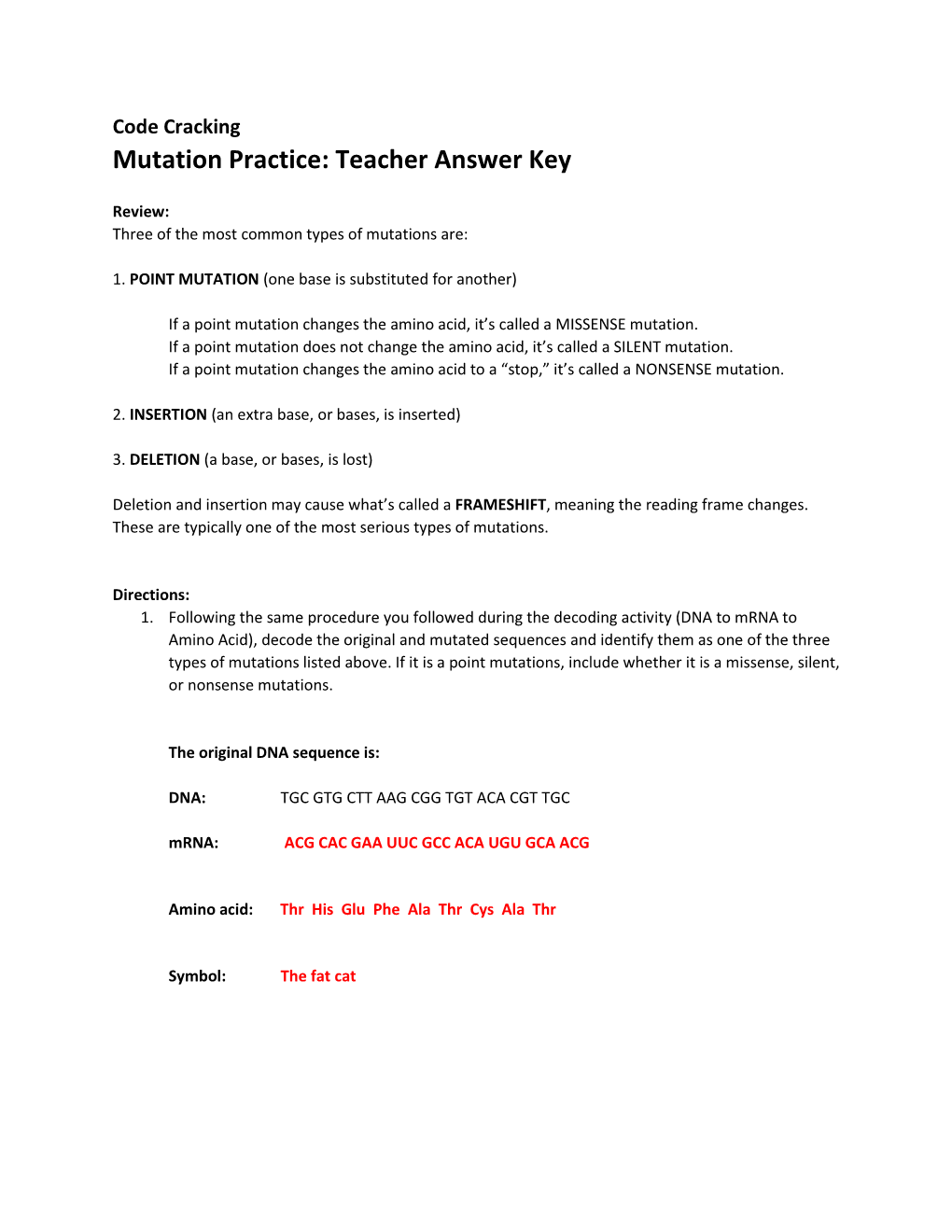 Code Cracking Mutation Practice: Teacher Answer Key