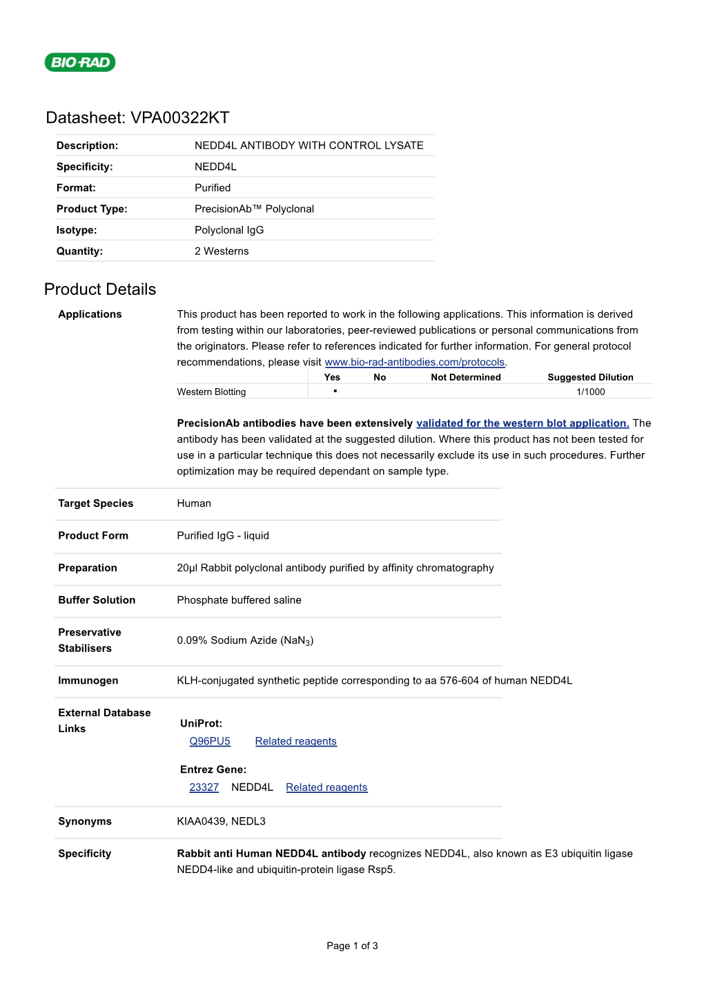 Datasheet: VPA00322KT Product Details