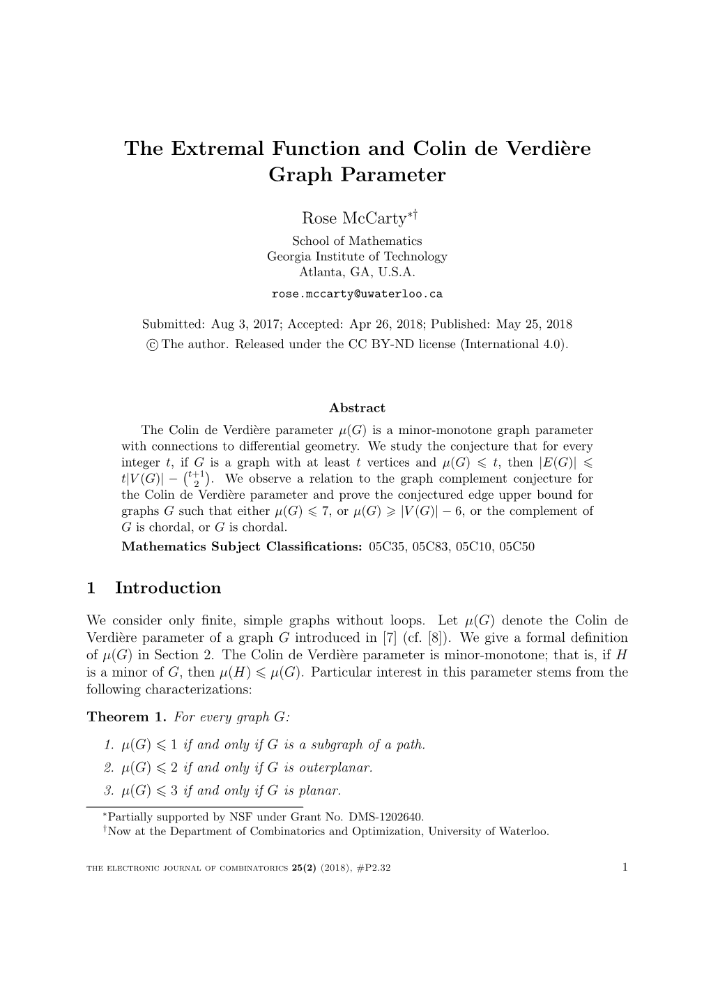 The Extremal Function and Colin De Verdi`Ere Graph Parameter