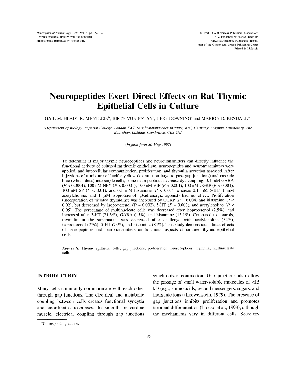 Neuropeptides Exert Direct Effects on Rat Thymic Epithelial Cells in Culture