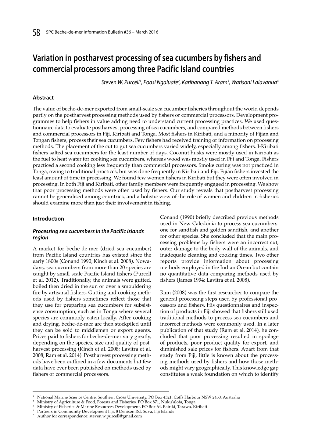 Variation in Postharvest Processing of Sea Cucumbers by Fishers and Commercial Processors Among Three Pacific Island Countries Steven W