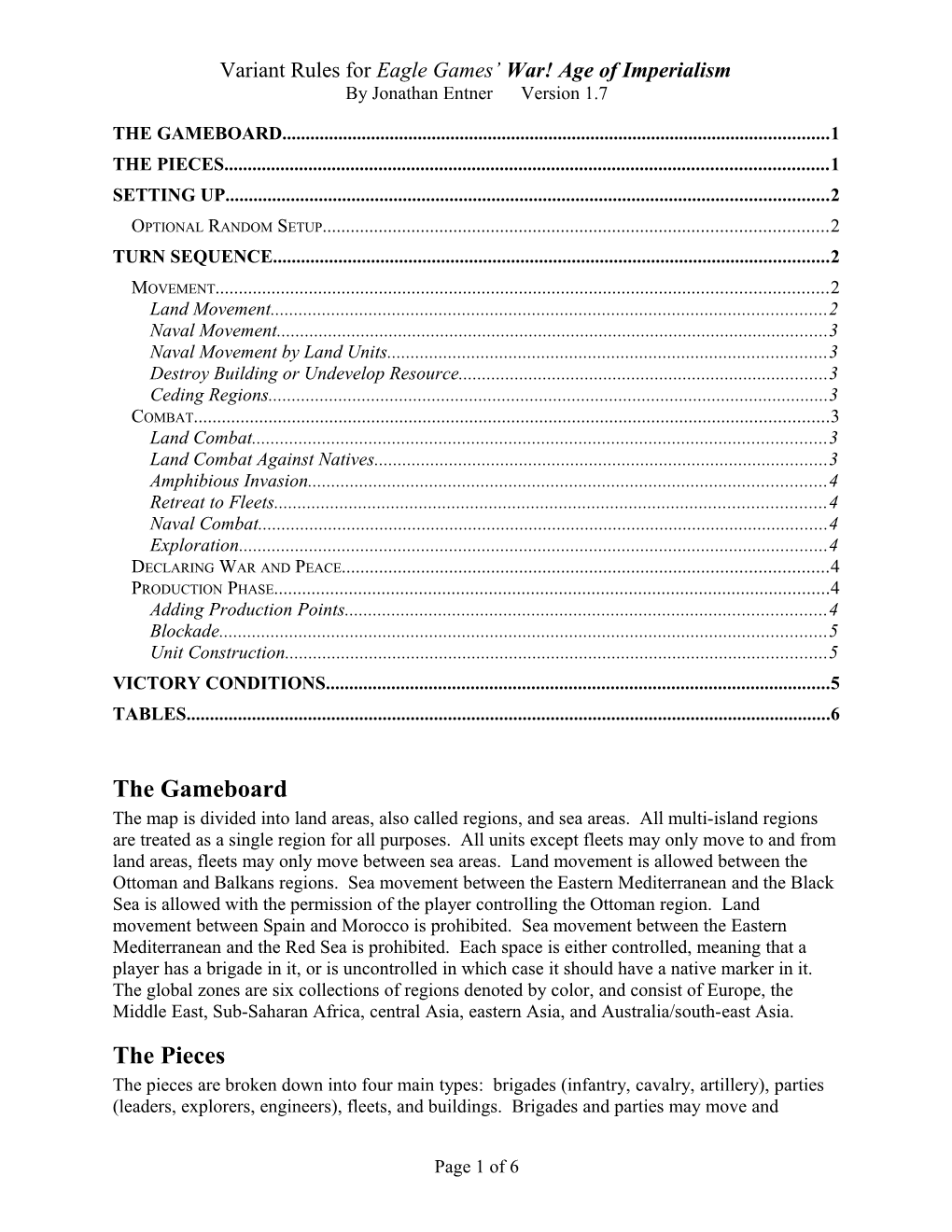 Variant Rules for Eagle Games War! Age of Imperialism