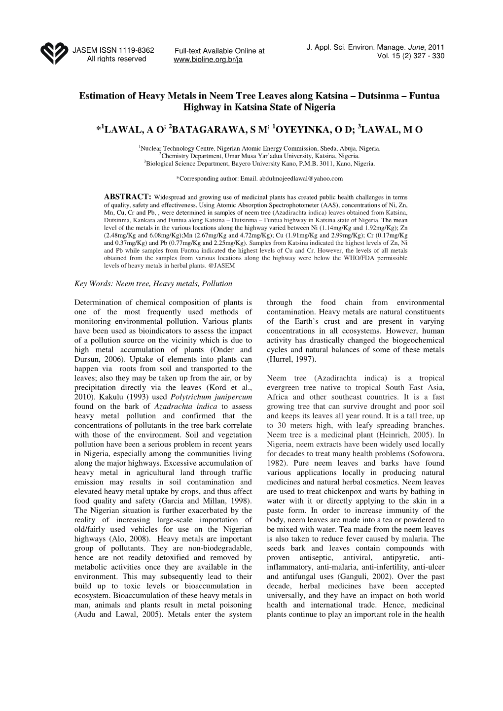 Estimation of Heavy Metals in Neem Tree Leaves Along Katsina – Dutsinma – Funtua Highway in Katsina State of Nigeria