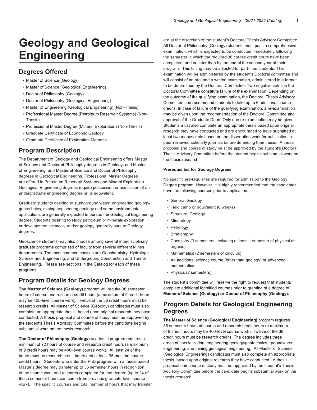 Geology and Geological Engineering - (2021-2022 Catalog) 1