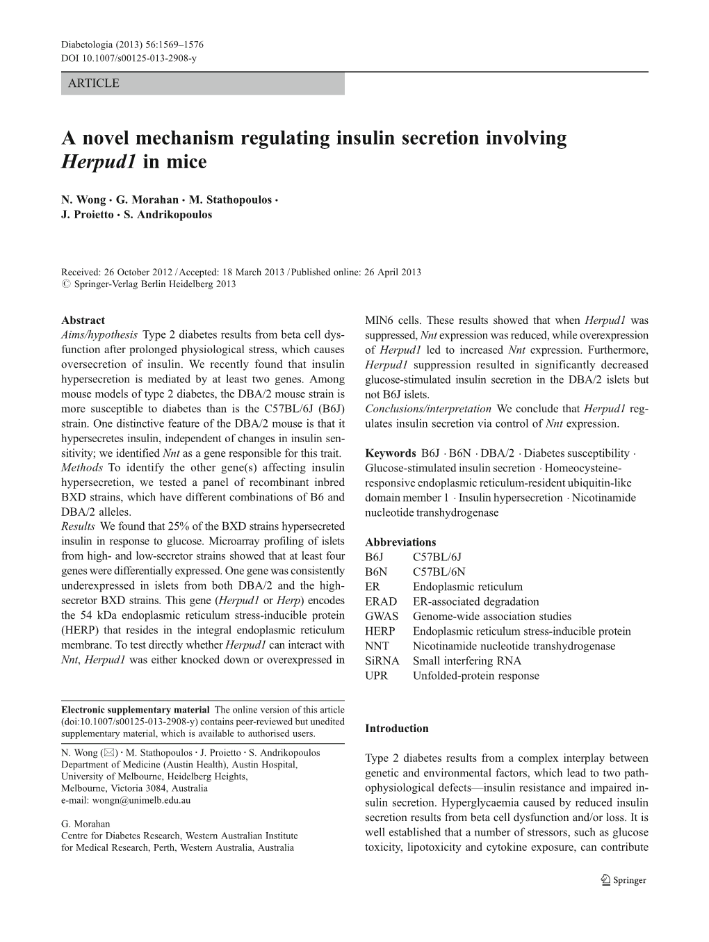 A Novel Mechanism Regulating Insulin Secretion Involving Herpud1 in Mice